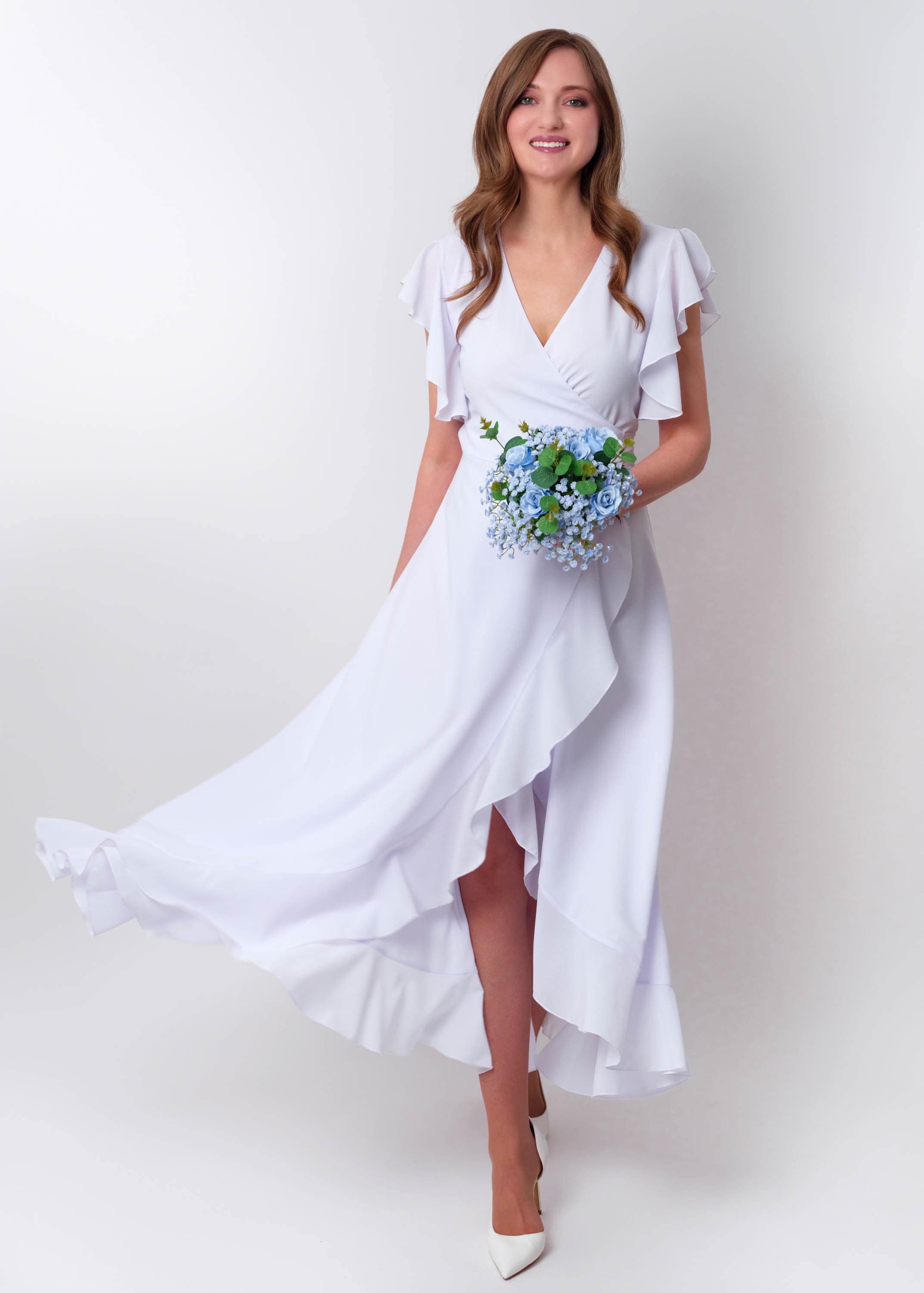 white chiffon bridesmaid dress Ever-Pretty High-Slit Chiffon Bridesmaid Dress with Long Sleeves and Waist Pleating