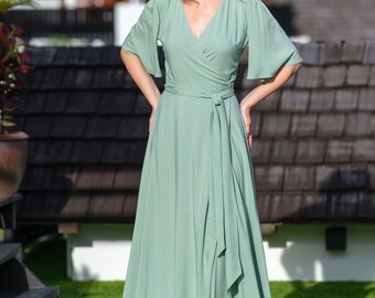 Sage Green Romantic Wrap Dress, Bridesmaids Dress, Maxi Dress, Long Dress,  Wedding Guest Dress, Formal Dress, Evening Summer Dress - Etsy