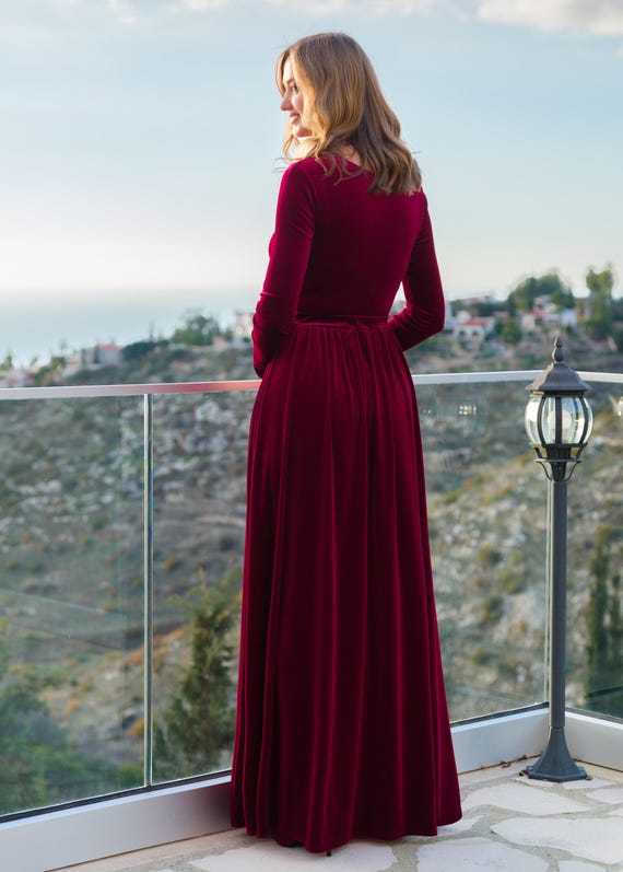 Burgundy velvet dress with long sleeves: Christmas gown, winter outfit, plus size Burgundy velvet dress with long sleeves: Christmas gown, winter outfit, plus size