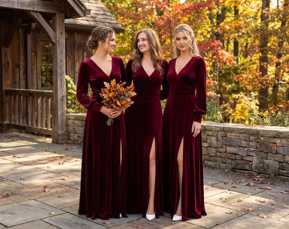 strapless open back dress Plus Size Wine Red Bridesmaid Dresses Tulle V Neck Cold Sleeve – Lisposa main image 1