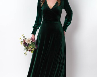 Emerald Green Velvet Maxi Dress: Elegant Long Sleeve Gown, Fall Wedding  Guest, Modest Bridesmaid - Etsy UK