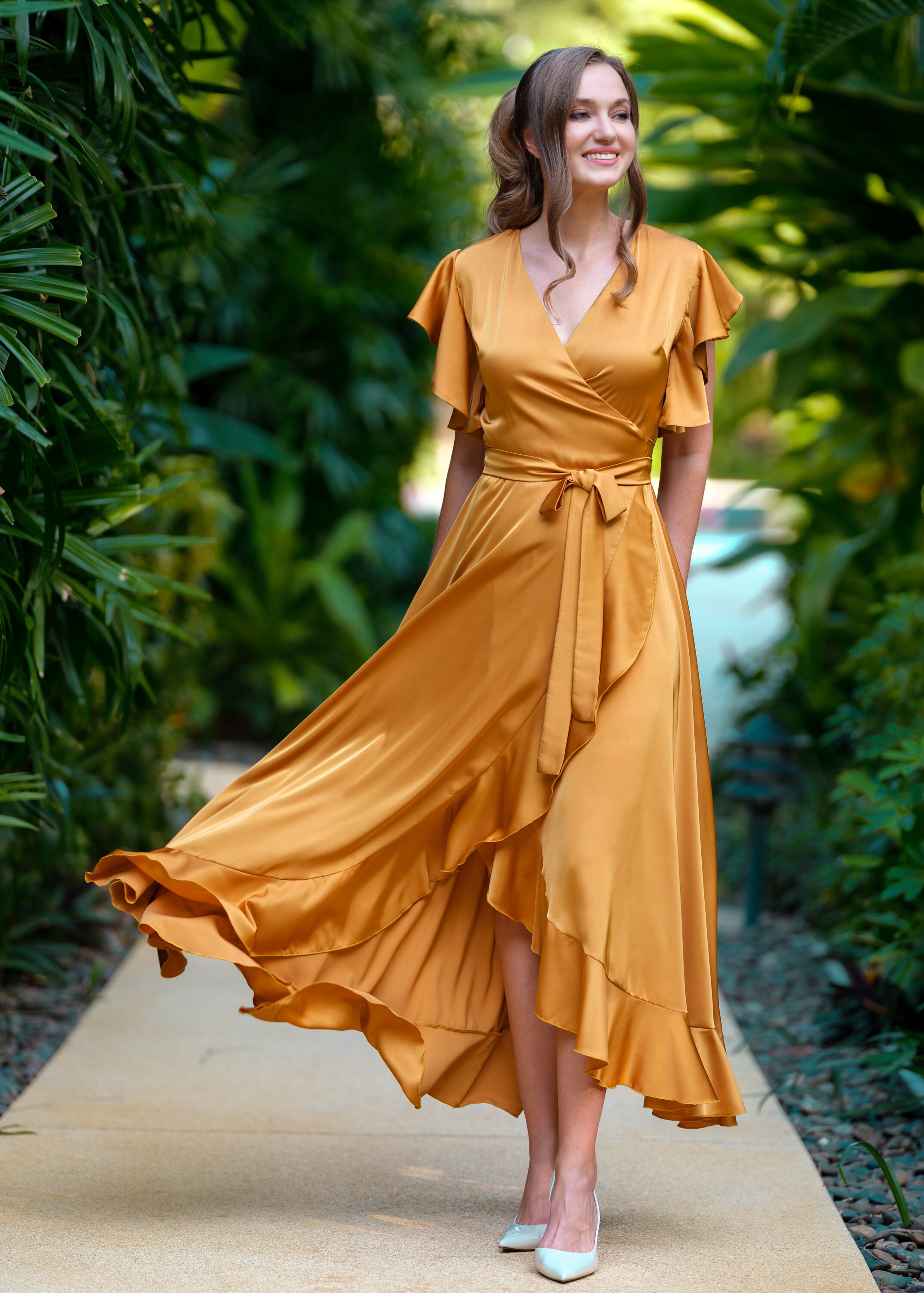 Gold dress, silk dress, wrap dress, bridesmaid dress, wedding guest dress, women dress, maxi dress, evening dress, long dress Gold dress, silk dress, wrap dress, bridesmaid dress, wedding guest dress, women dress, maxi dress, evening dress, long dress