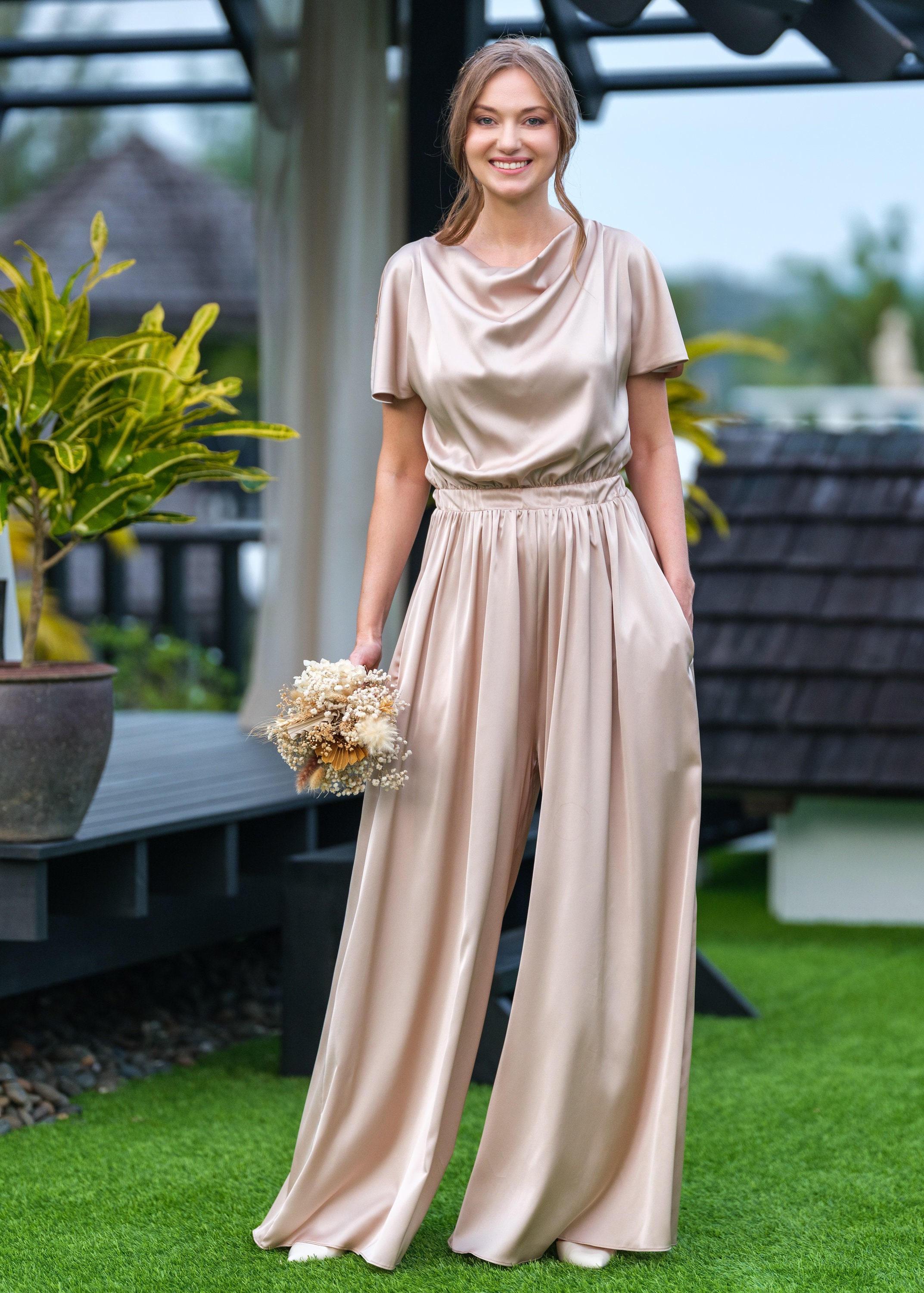 Champagne Beige Silk Jumpsuit, Silk Jumpsuit, Bridesmaid Jumpsuit