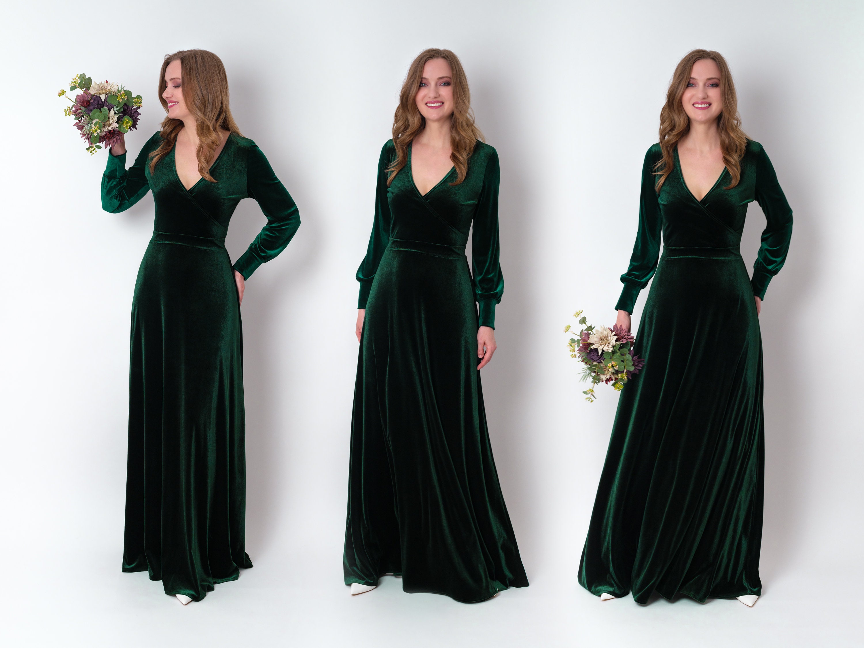 Long Sleeve Emerald Velvet Wrap Dress Emerald Green Velvet Maxi Dress: Elegant Long Sleeve Gown, Fall Long Sleeve Emerald Velvet Wrap Dress Emerald Green Velvet Maxi Dress: Elegant Long Sleeve Gown, Fall