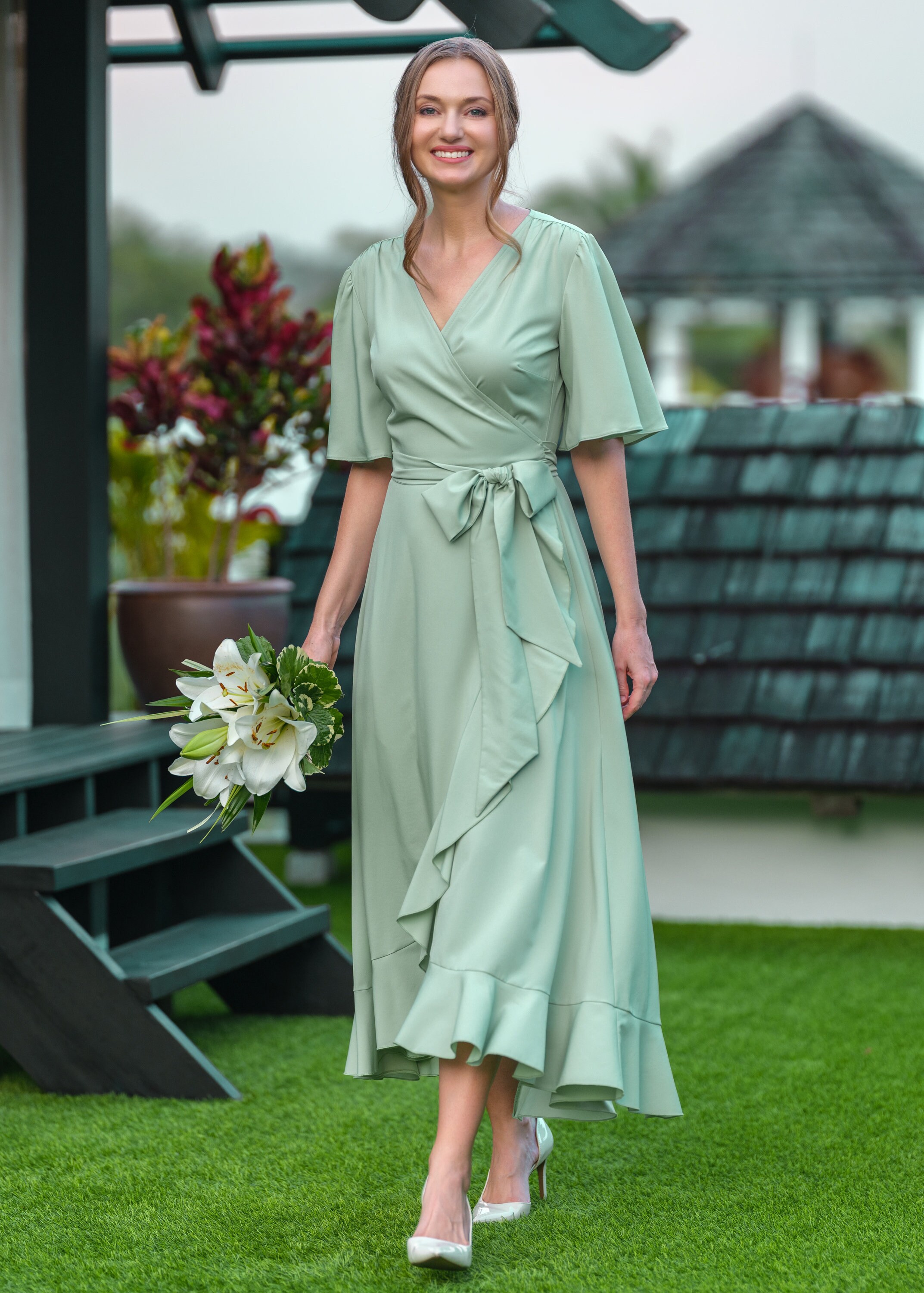 Sage green long wrap crepe dress, bridesmaid dress, wedding guest dress, formal dress, cocktail dress, evening dress, ruffle dress