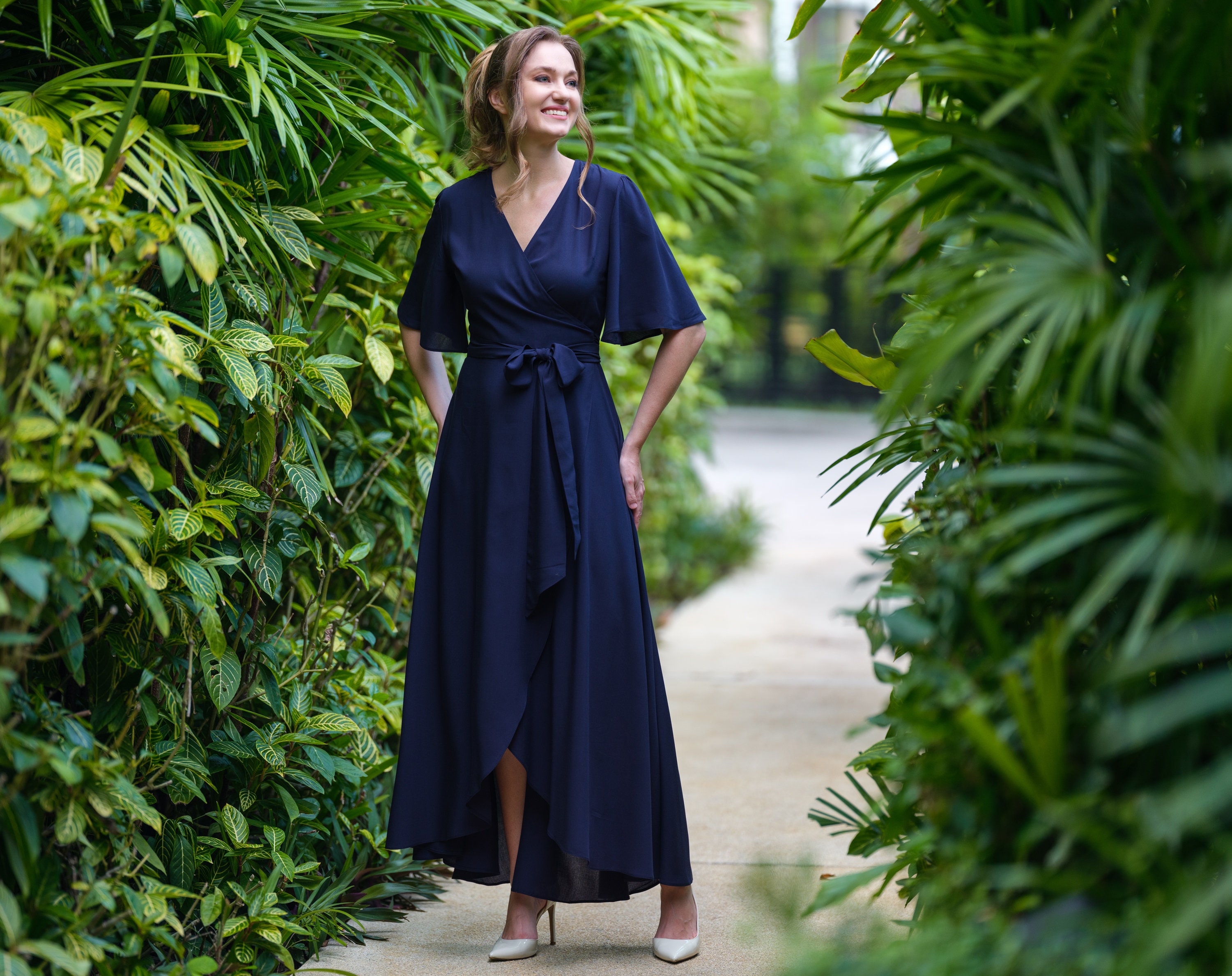Navy Blue Chiffon Bridesmaid Dress, Wedding Guest Dress, Bridesmaids Dress, Chiffon Long Wrap Dress, Evening Dress, Formal Chiffon Dress