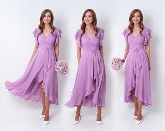 Lilac chiffon bridesmaid dress, wedding guest dress, bridesmaids dress, chiffon long wrap dress, evening dress, formal chiffon dress