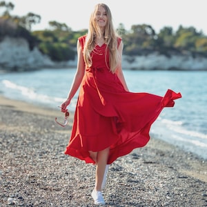 Cotton red wrap around dress, mid-calf dress, long dress, wedding guest dress, formal sleeveless dress, evening dress, red elegant dress