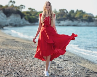 Cotton red wrap around dress, mid-calf dress, long dress, wedding guest dress, formal sleeveless dress, evening dress, red elegant dress