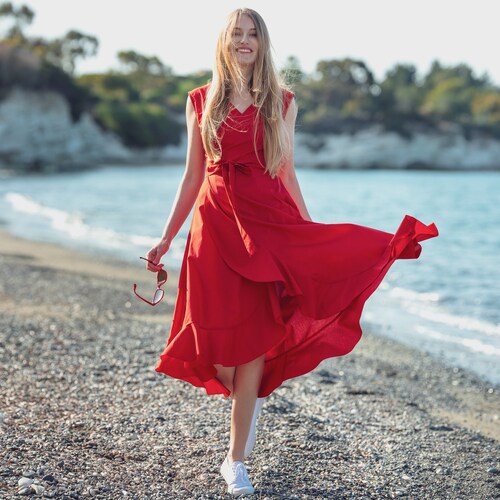 ENMEstyle Cotton Red Wrap Around Dress, Mid-Calf Dress, Long Dress, Wedding Guest Dress, Formal Sleeveless Dress, Evening Dress, Red Elegant Dress