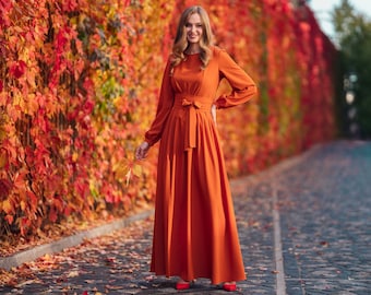 Rust orange long dress with belt, bridesmaid dress, cocktail dress, wedding guest dress, maxi party dress, formal dress, prom dress