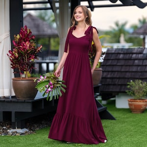 Burgundy romantic long dress, bridesmaids dress, wedding guest dress, boho dress, summer dress, bridal party attire, viscose dress