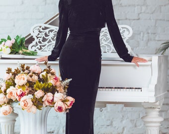 Black Slip Velvet Dress, Open Shoulders Maxi Dress, Evening Dress