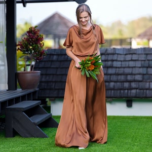 銅ゴールドシルクジャンプスーツ、シルクジャンプスーツ、花嫁介添人ジャンプスーツ、結婚式ゲストジャンプスーツ、イブニングジャンプスーツ、花嫁介添人ドレス、カクテルドレス