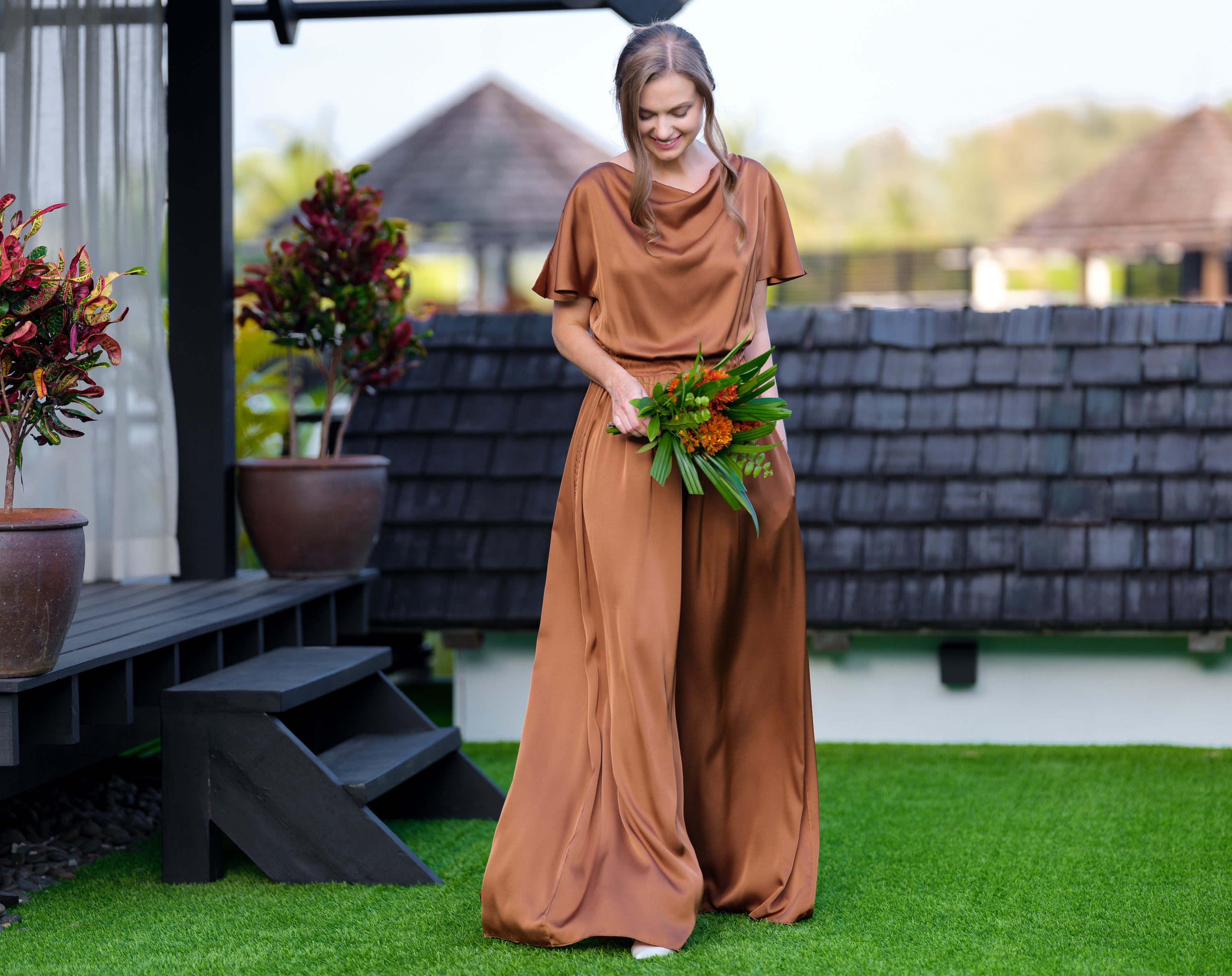 UNUSED WOOL×SILK JUMPSUIT 2 ラセットブラウン UNUSED WOOL×SILK