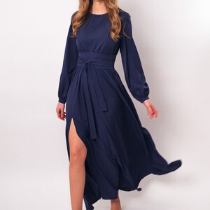Navy Blue Long Slit Dress With Belt Bridesmaid Dress Cocktail Dress navy-blue-long-slit-dress-with-belt-bridesmaid-dress-cocktail-dress