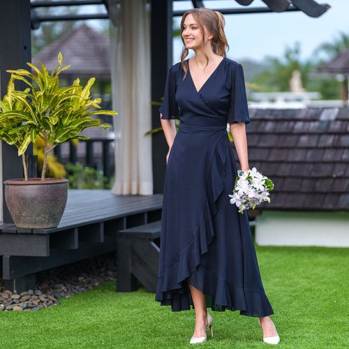 elegant navy blue dresses for wedding guests Dark Off The Shoulder Glitter Split Guest Dress you can order them in any size and color Navy blue chiffon bridesmaid dress,