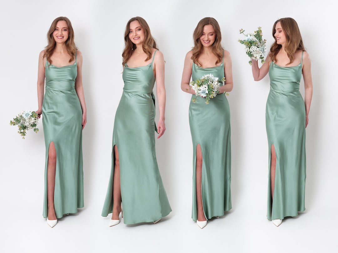 Vestido de seda verde salvia con abertura, vestido de dama de