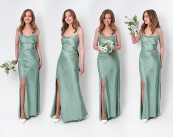 Vestido con aberturas de seda verde salvia, vestido de dama de honor, vestido de raso de seda, vestido de invitada de boda, vestido de noche, vestido de cóctel de boda