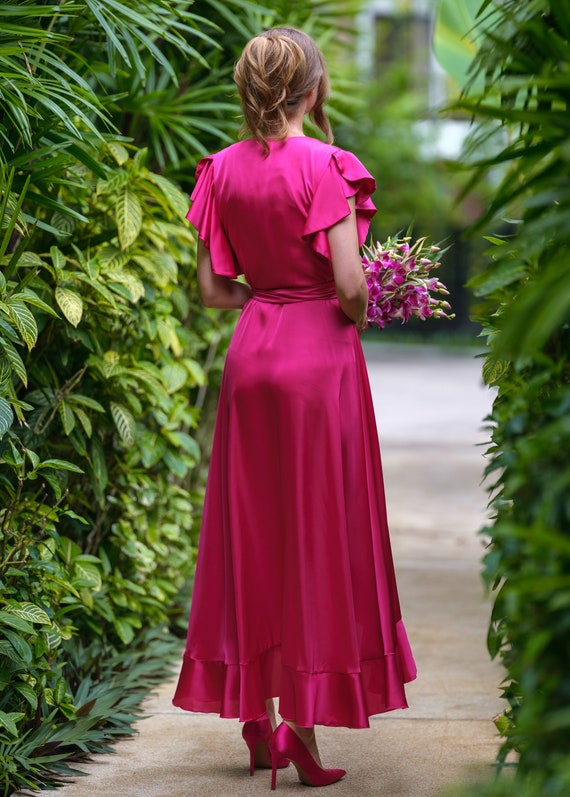 open lace back dress Rinna Satin Halter Maxi Dress / Pink Cherry | Meshki main image 0