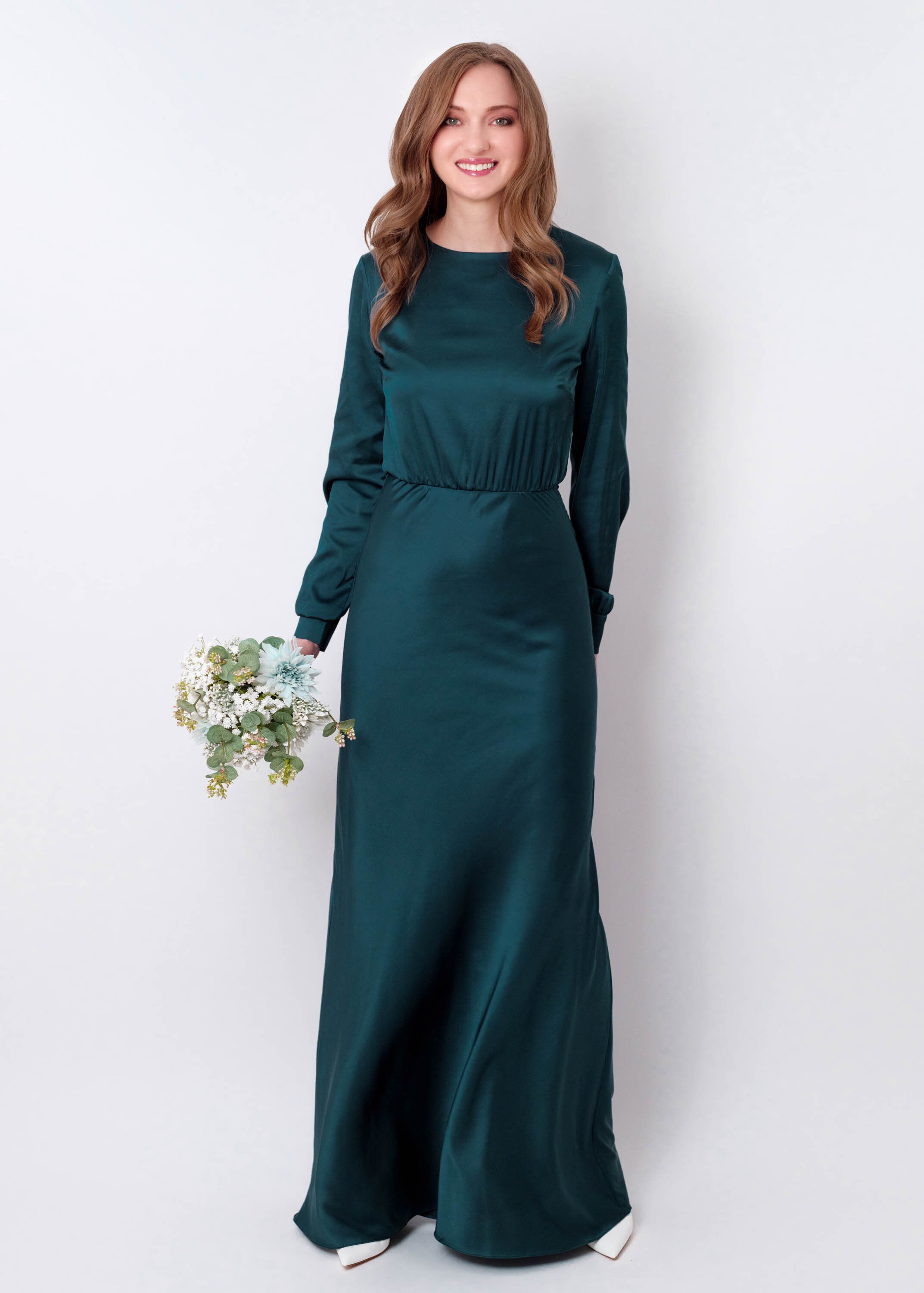 Dark teal green silk long dress, bridesmaid dress, wedding guest dress, evening dress, long sleeves dress, bridal party attire, long dress