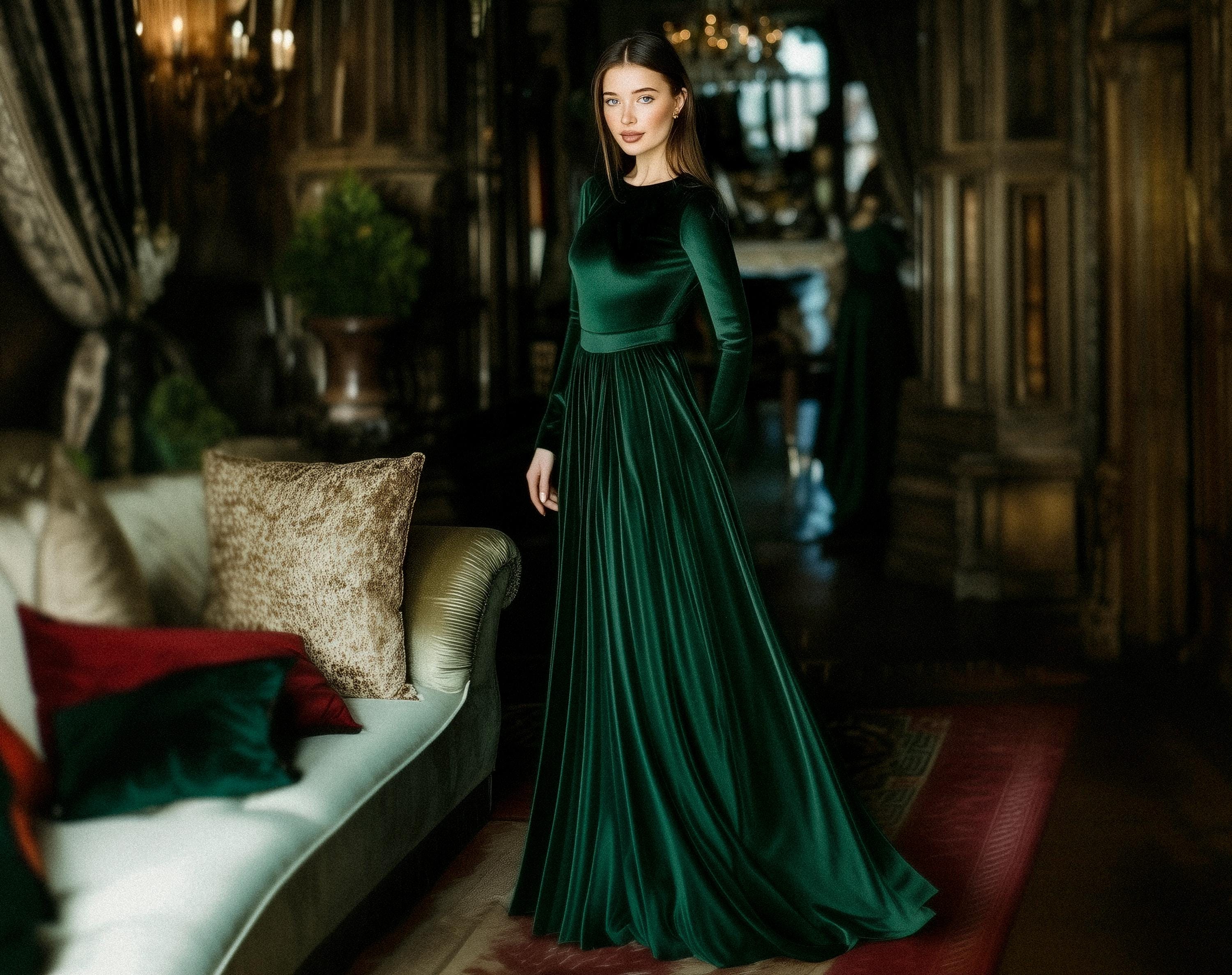 Velvet Dress With Long Sleeves in Emerald Green: Christmas Gown, Fall Winter Outfit, Plus Size - Etsy Israel Velvet Dress With Long Sleeves in Emerald Green: Christmas Gown, Fall Winter Outfit, Plus Size - Etsy Israel