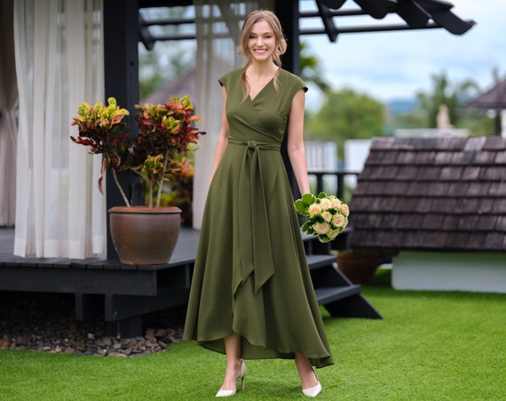 Olive green chiffon bridesmaid dress, wedding guest dress, bridesmaids dress, chiffon long wrap dress, evening dress, formal chiffon dress