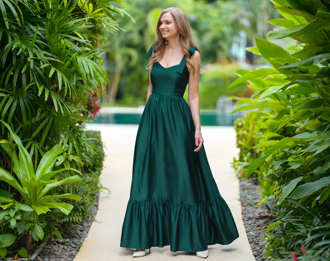 Dark Green Satin Long Party Dress with Embroidery, Green Prom Dress main image 1
