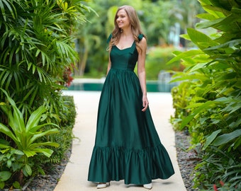 Dark Green Luxury Satin Dress, Maxi Evening Gown with Bow Straps, Formal, Evening Wear
