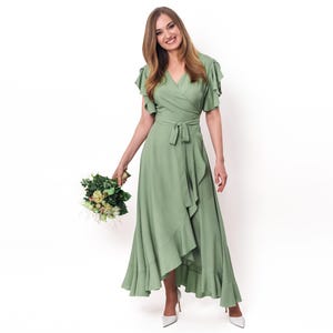 Saliegroene romantische wikkeljurk, maxi-jurk, lange jurk, bruiloftsgastjurk, formele jurk met korte mouwen, avondjurk, elegante jurk