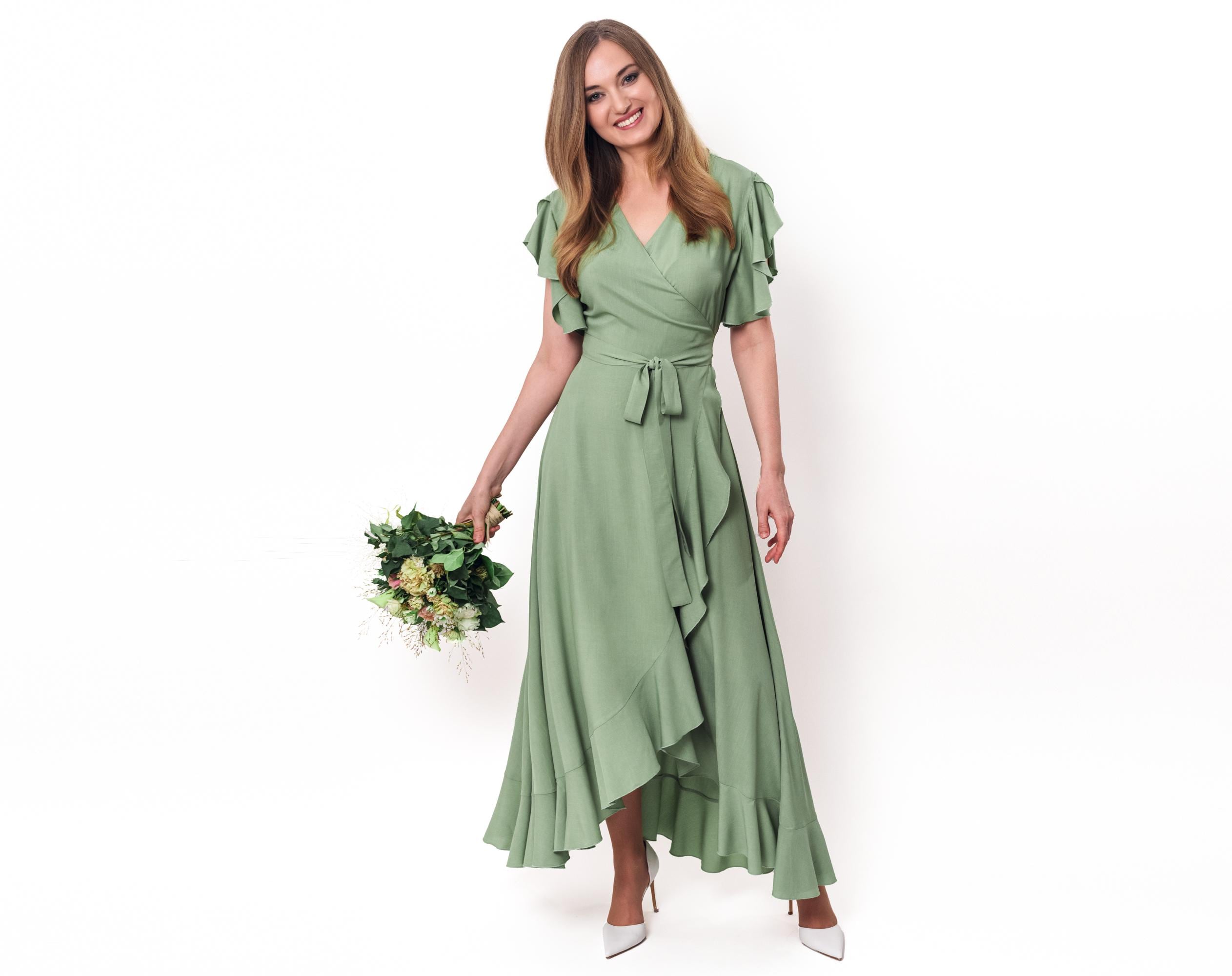 Sage green romantic wrap around dress, maxi dress, long dress, wedding guest dress, formal short sleeve dress, evening dress, elegant dress Sage green romantic wrap around dress, maxi dress, long dress, wedding guest dress, formal short sleeve dress, evening dress, elegant dress