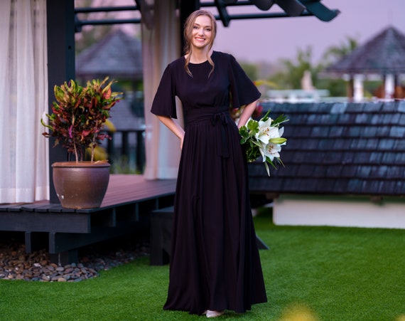 Black Long Dress With Belt, Viscose Slit Dress, Bridesmaids