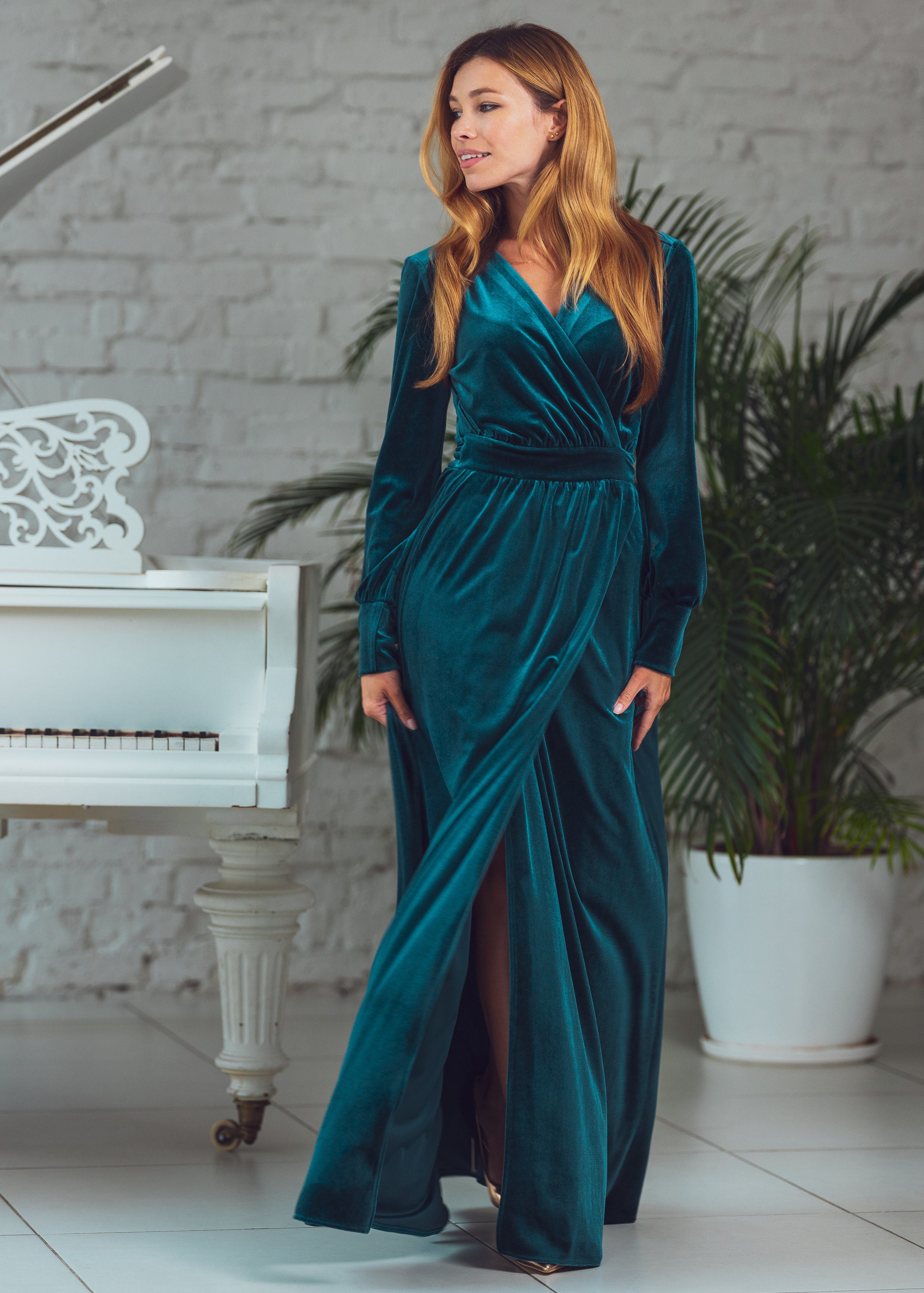 green mehendi dress Standards & Practices Plus Size Women's Teal Wrap Over Flared Sleeve Skirt Dress main image 0