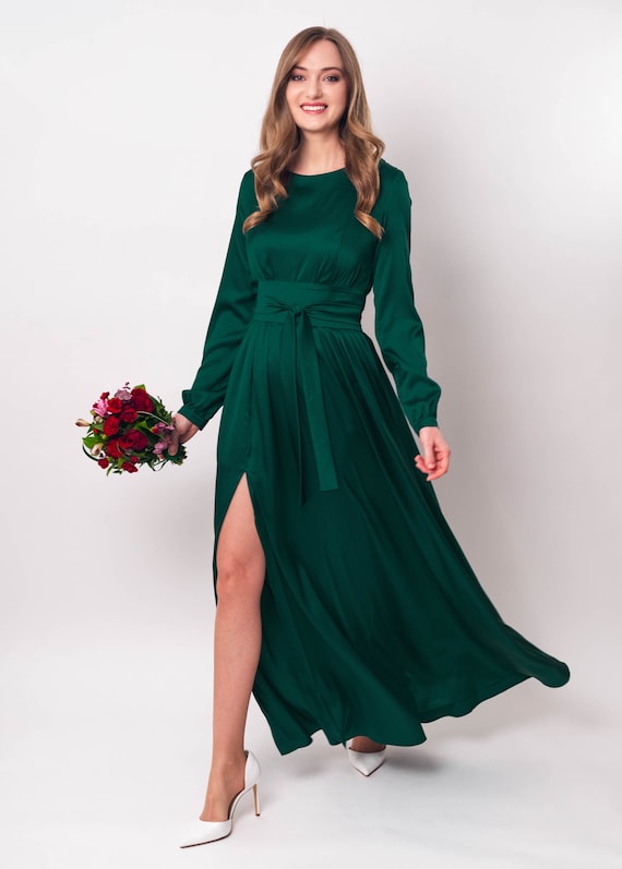 Dark green silk dress with belt, long slit dress, bridesmaid dress, wedding guest dress, maxi dress, evening dress, formal dress