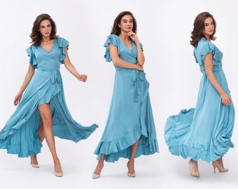 Silk dress in dusty blue, wrap dress, bridesmaid dress, wedding guest dress, women dress, maxi dress, long dress, silk bridesmaid