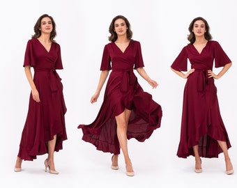 Burgundy dress, silk dress, wrap dress, bridesmaid dress, wedding guest dress, women dress, maxi dress, evening dress, long dress