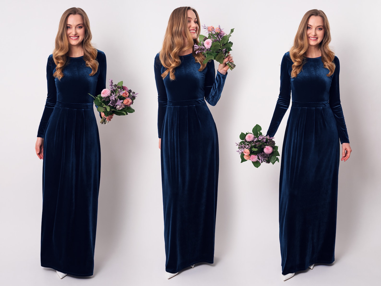 Navy Blue Velvet Long Dress Bridesmaid Velvet Dress Wedding Etsy