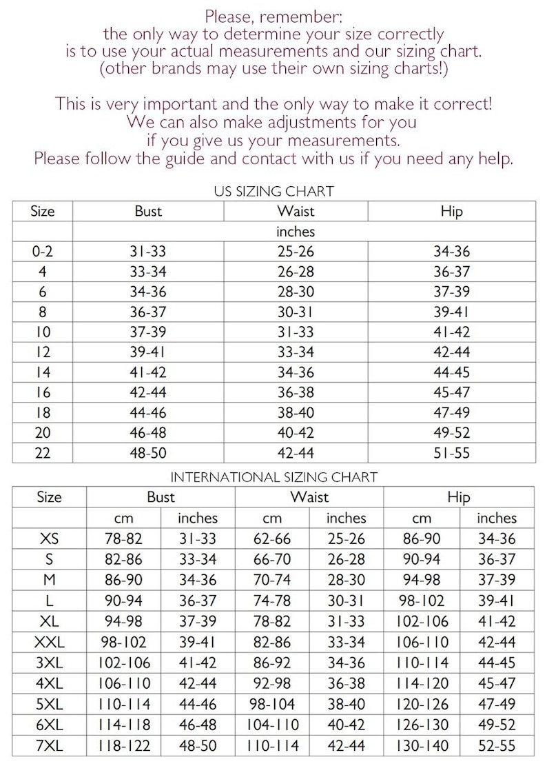 May include: A size chart for women's clothing with measurements in inches and centimetres. The chart includes sizes from XS to 7XL and lists bust, waist, and hip measurements for each size.