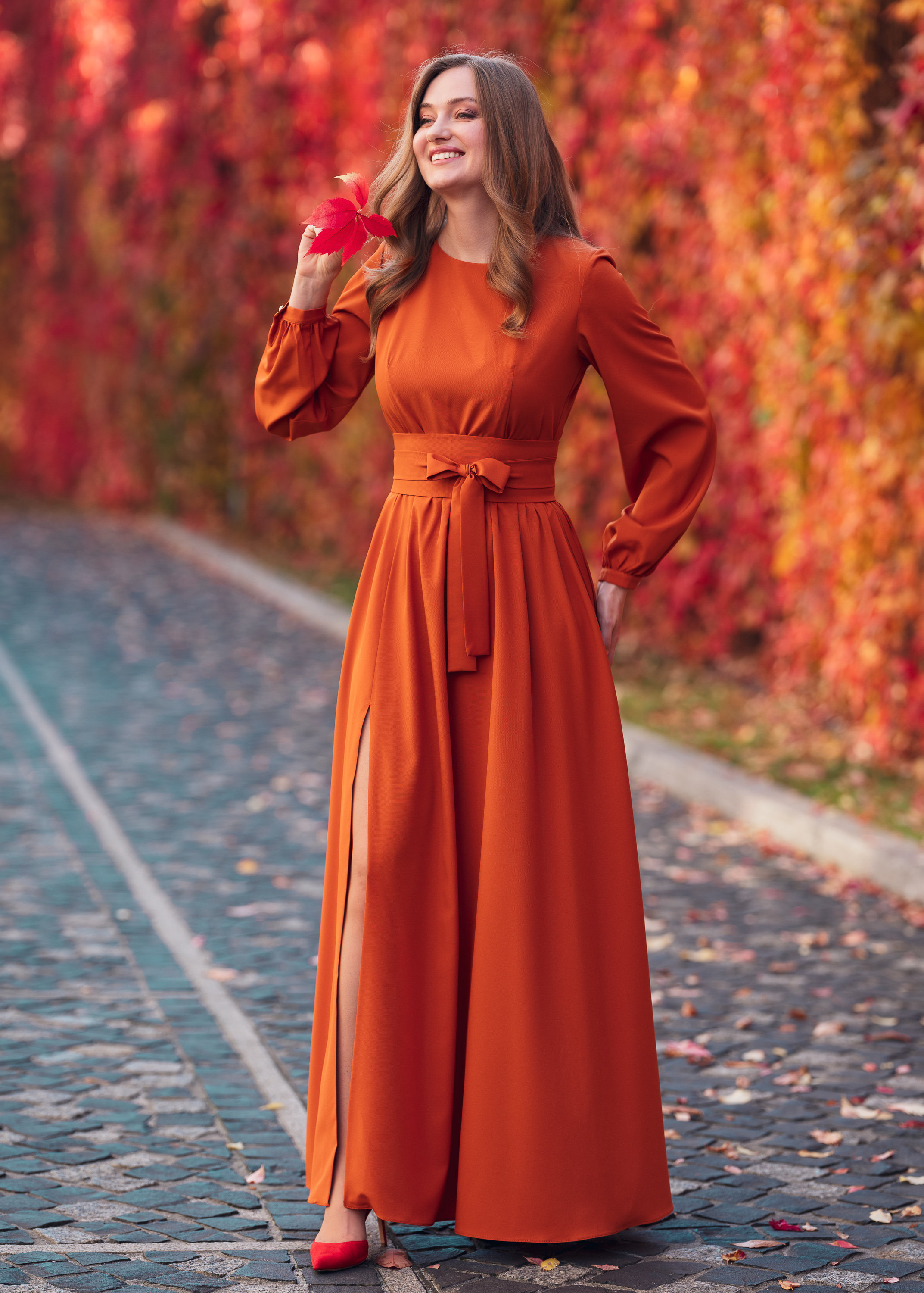 Rust Orange Maxi Dress with Long Sleeves and Belt: Autumn Wedding, Fall Photoshoots