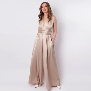 Champagne beige infinity jumpsuit, silk jumpsuit, bridesmaid jumpsuit, multi wrap multiway convertible jumpsuit, bridesmaid dress