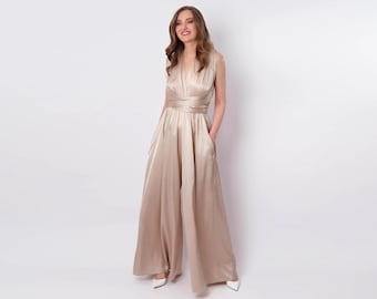 Champagner-beiger Unendlichkeits-Jumpsuit, Seidenoverall, Brautjungfer-Jumpsuit, Multi-Wrap-Cabrio-Jumpsuit, Brautjungfernkleid