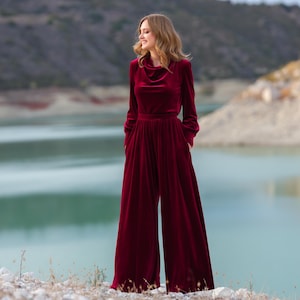 Velvet jumpsuit | Burgundy velvet jumpsuit | Perfect for Holidays, Parties & Special Events | Wedding guest jumpsuit | Evening jumpsuit