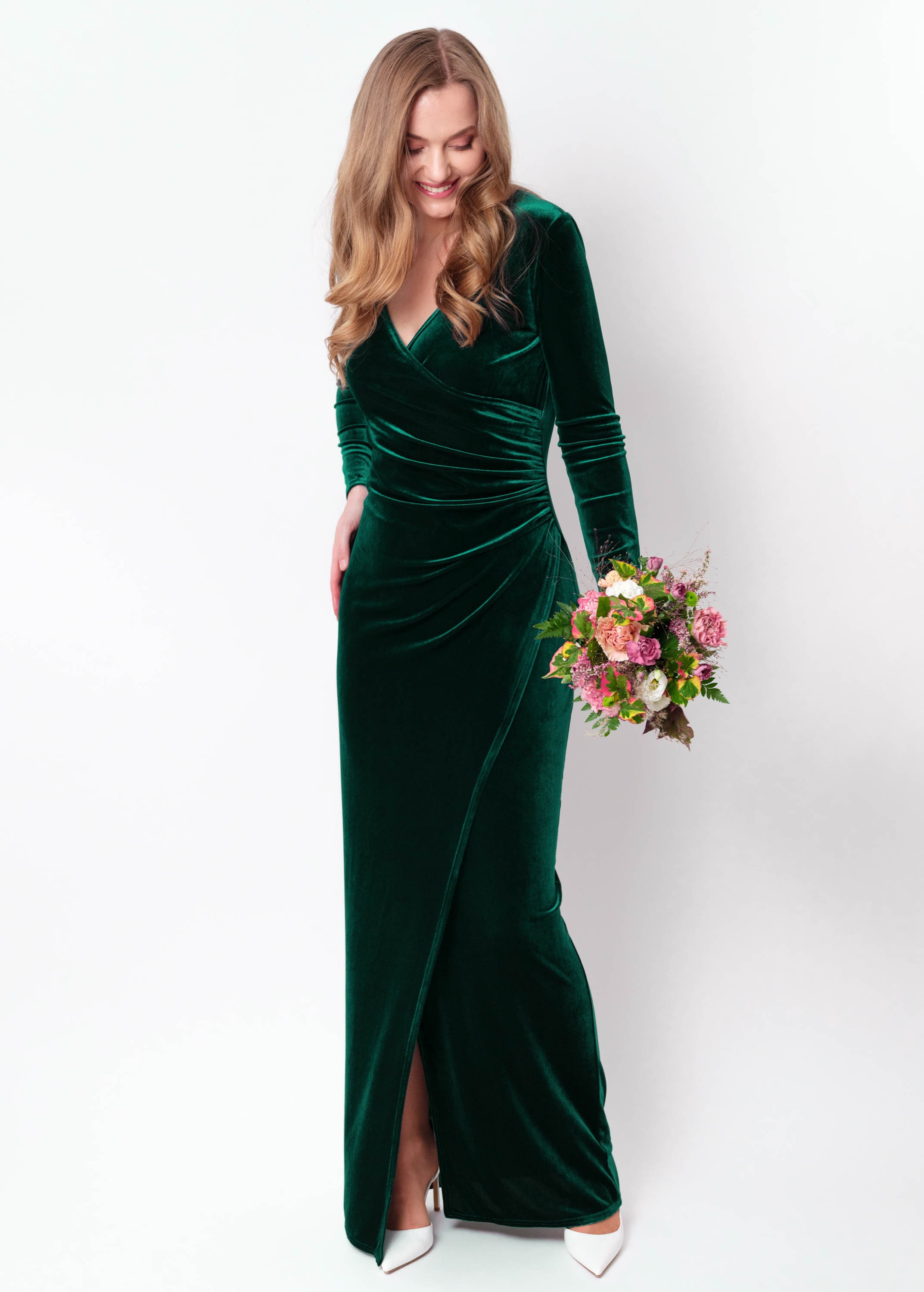 velvet emerald green dress long sleeve EMERALD GREEN Velvet Gown main image 1