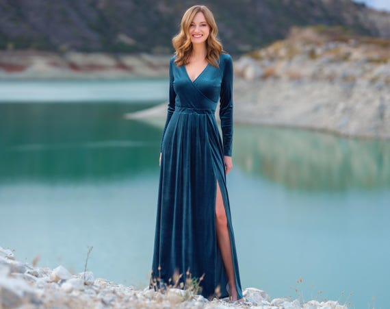 Dusty Blue Velvet Maxi Dress: Holiday Gown With Long Sleeves and Slit, Christmas Party, Fall Winter Wedding, Bridesmaid - Etsy Israel Dusty Blue Velvet Maxi Dress: Holiday Gown With Long Sleeves and Slit, Christmas Party, Fall Winter Wedding, Bridesmaid - Etsy Israel