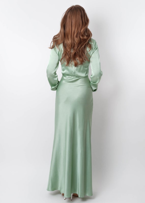 light green dress long sleeve Light Green Satin Long A-Line Prom Dress, Cute Short Sleeve Evening Dr main image 1