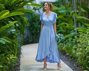 Silk dress in baby blue, wrap dress, bridesmaid dress, wedding guest dress, women dress, maxi dress, silk bridesmaid, long dress