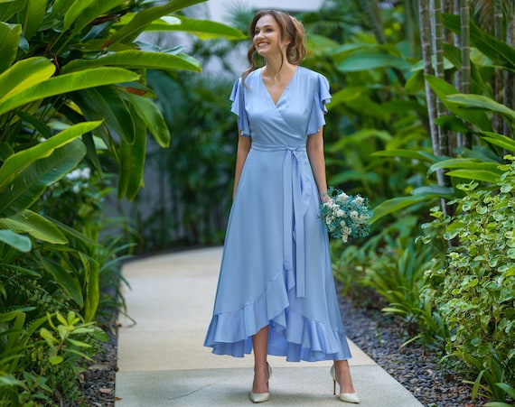 princess polly baby blue dress A Line V Neck Navy Blue Satin Long Prom Dress Formal Dress PSK043 main image 1