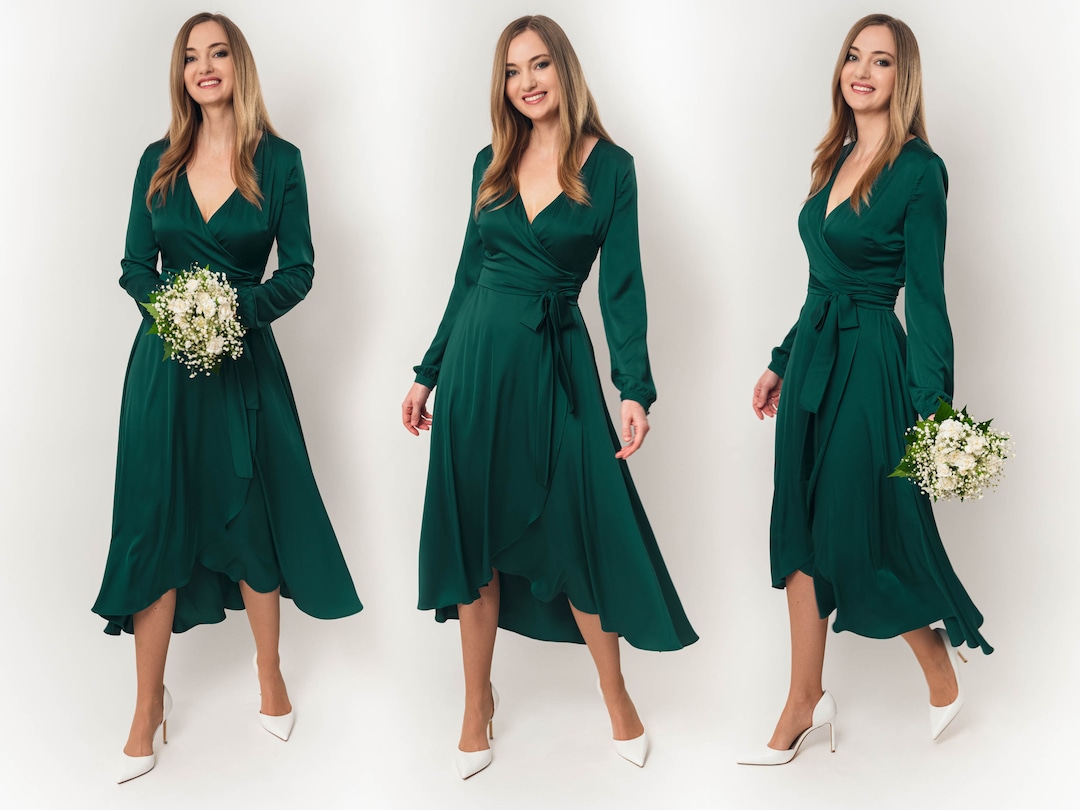 Dark Green Silk Dress, Silk Dress, Wrap Dress, Bridesmaid Dress — free download