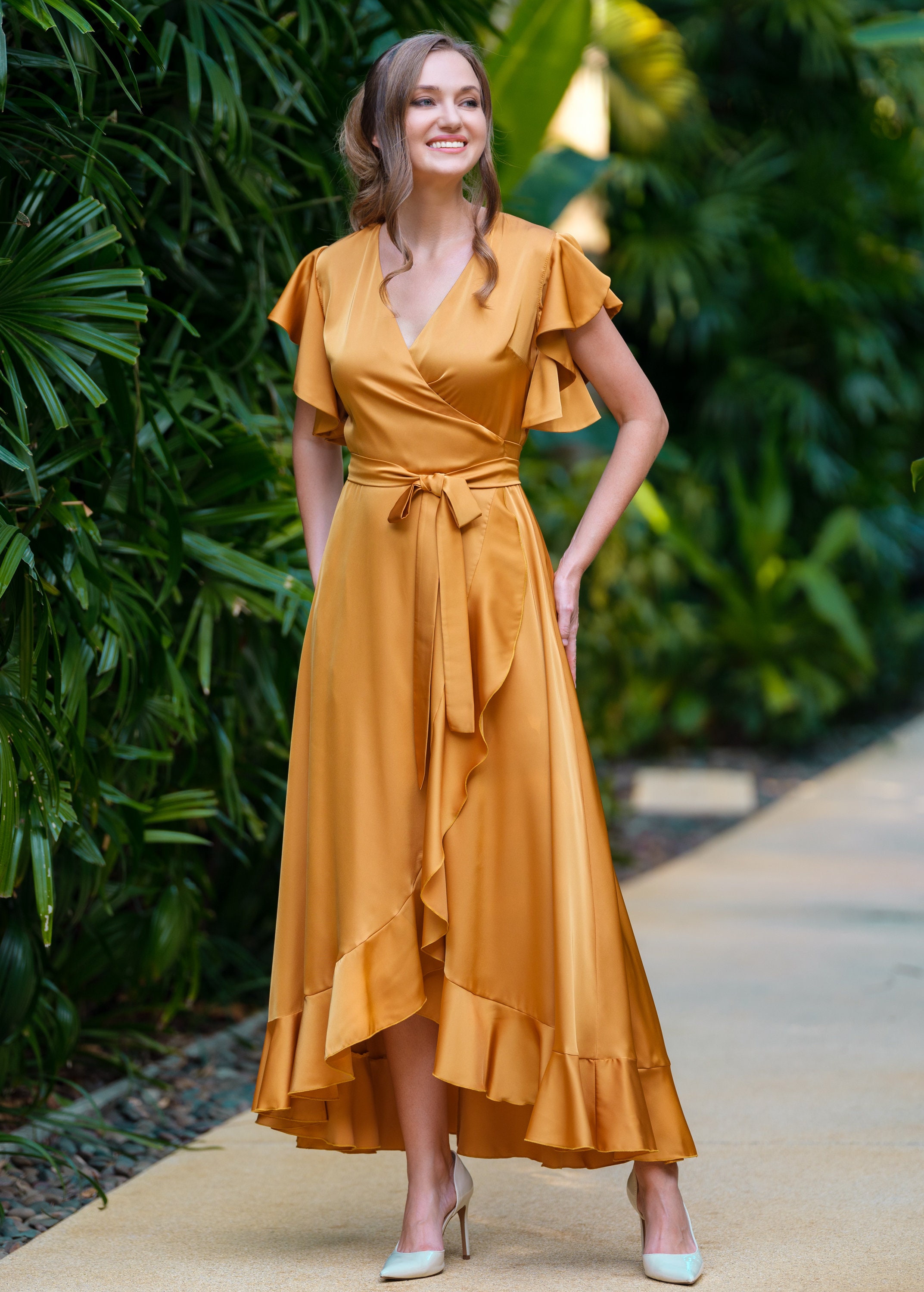 Gold dress, silk dress, wrap dress, bridesmaid dress, wedding guest dress, women dress, maxi dress, evening dress, long dress Gold dress, silk dress, wrap dress, bridesmaid dress, wedding guest dress, women dress, maxi dress, evening dress, long dress