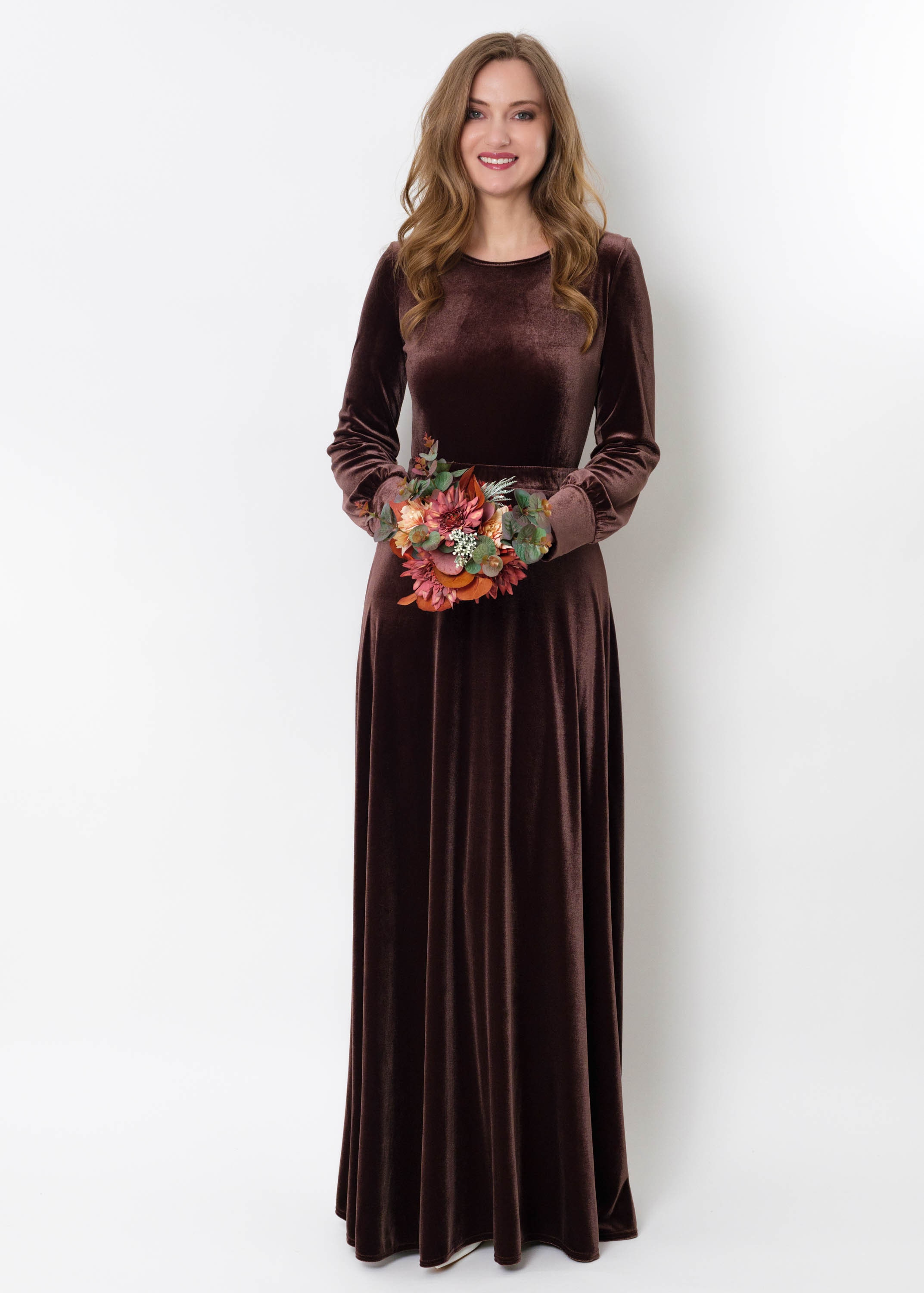Chocolate Brown Velvet Maxi Dress: Elegant Long Sleeve Gown, Fall Wedding Guest, Modest Bridesmaid Chocolate Brown Velvet Maxi Dress: Elegant Long Sleeve Gown, Fall Wedding Guest, Modest Bridesmaid
